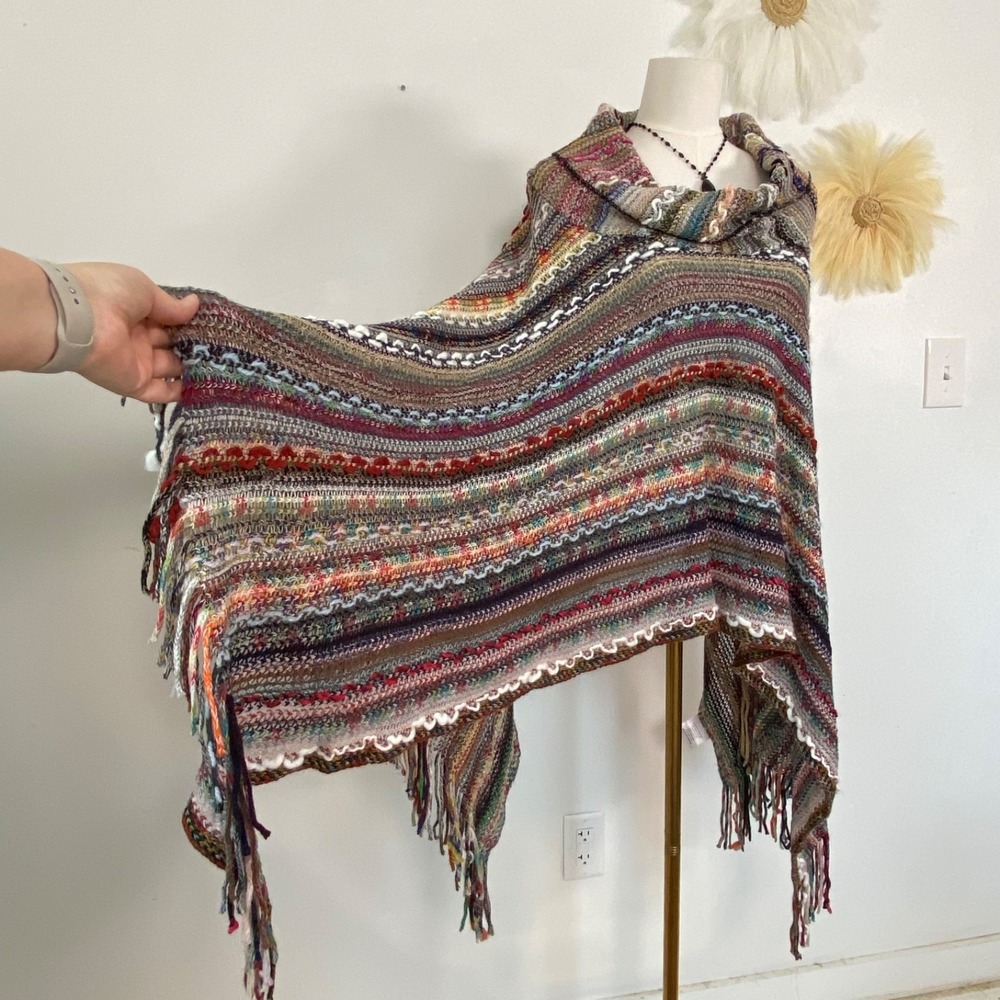Womens 3D Knit Rainbow Y2K Poncho Cowl Neck One Size Fringe Boho Indie Sleaze - Picture 3 of 12